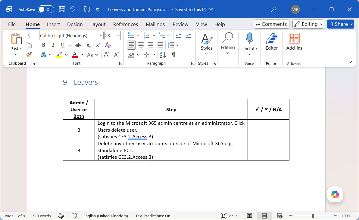 DOCX Process Table